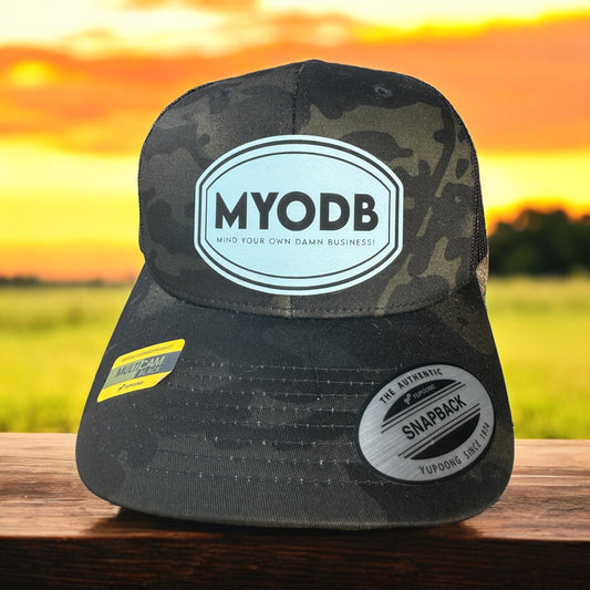 MYODB Camo Cammo Hat ( Mind Your Own Damn Business) Light Blue Patch on Dark